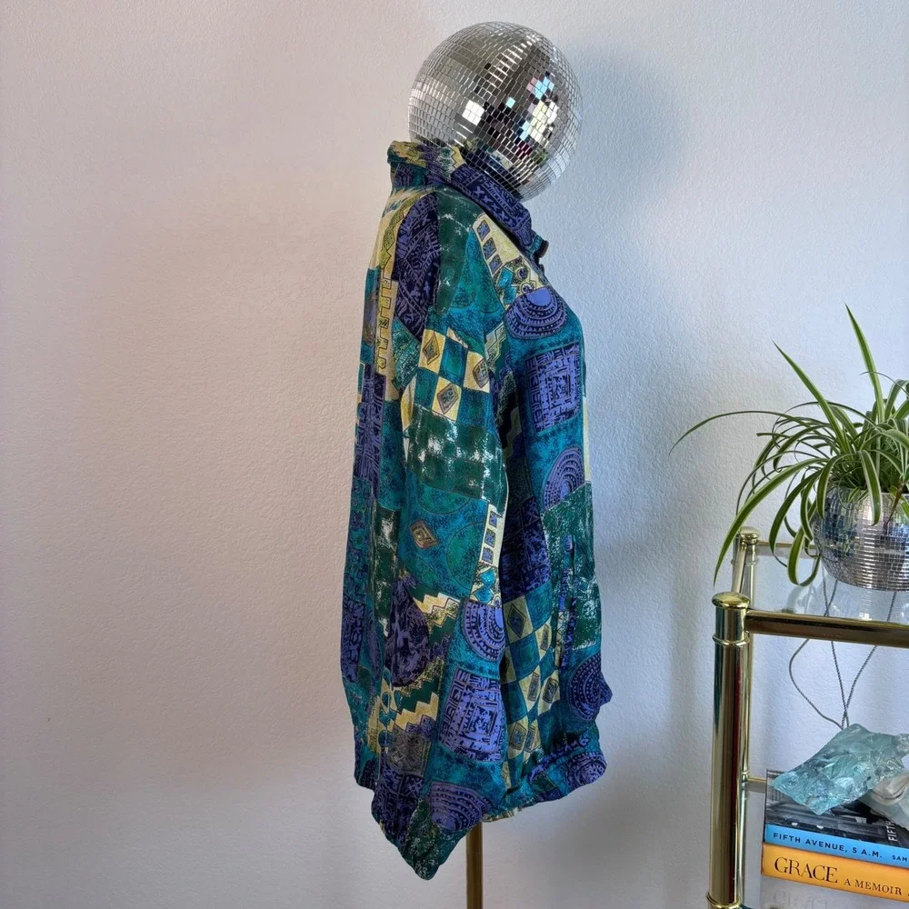 Vintage 80s 100% Silk Abstract Geometric Bomber Jacket Basic Editions Teal Large
